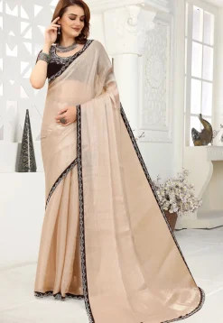 Contrast Border Chiffon Shimmer Saree in Light Beige