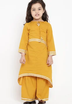 Contrast Border Cotton Rayon Asymmetric Kurta Set in Mustard