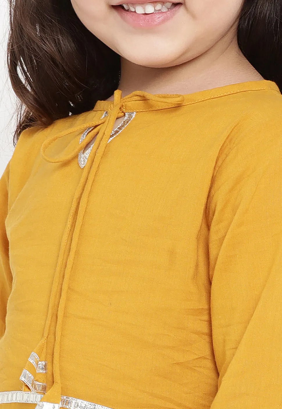 Contrast Border Cotton Rayon Asymmetric Kurta Set in Mustard