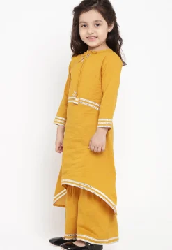 Contrast Border Cotton Rayon Asymmetric Kurta Set in Mustard
