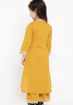 Contrast Border Cotton Rayon Asymmetric Kurta Set in Mustard