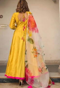 Contrast Border Cotton Silk A Line Suit in Yellow