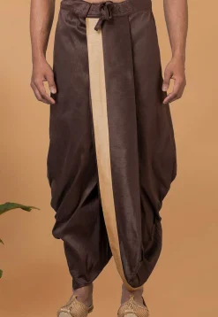 Contrast Border Dupion Silk Dhoti Pant in Dark Brown