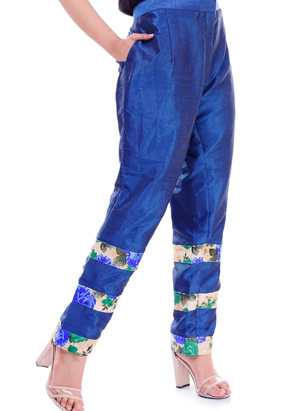 Contrast Border Dupion Silk Straight Pant in Royal Blue