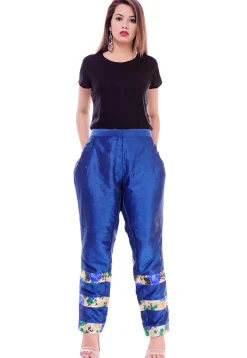 Contrast Border Dupion Silk Straight Pant in Royal Blue