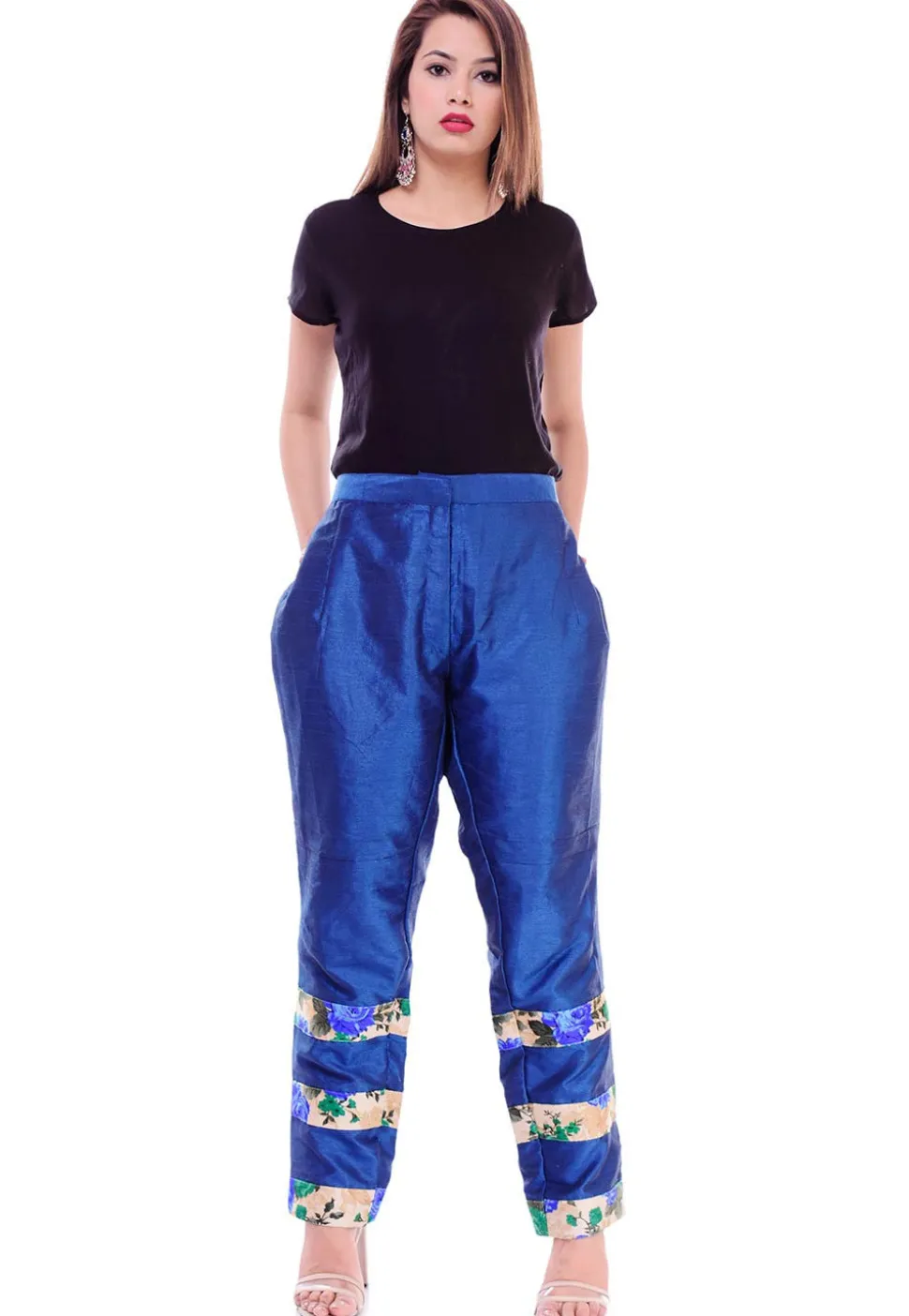 Contrast Border Dupion Silk Straight Pant in Royal Blue