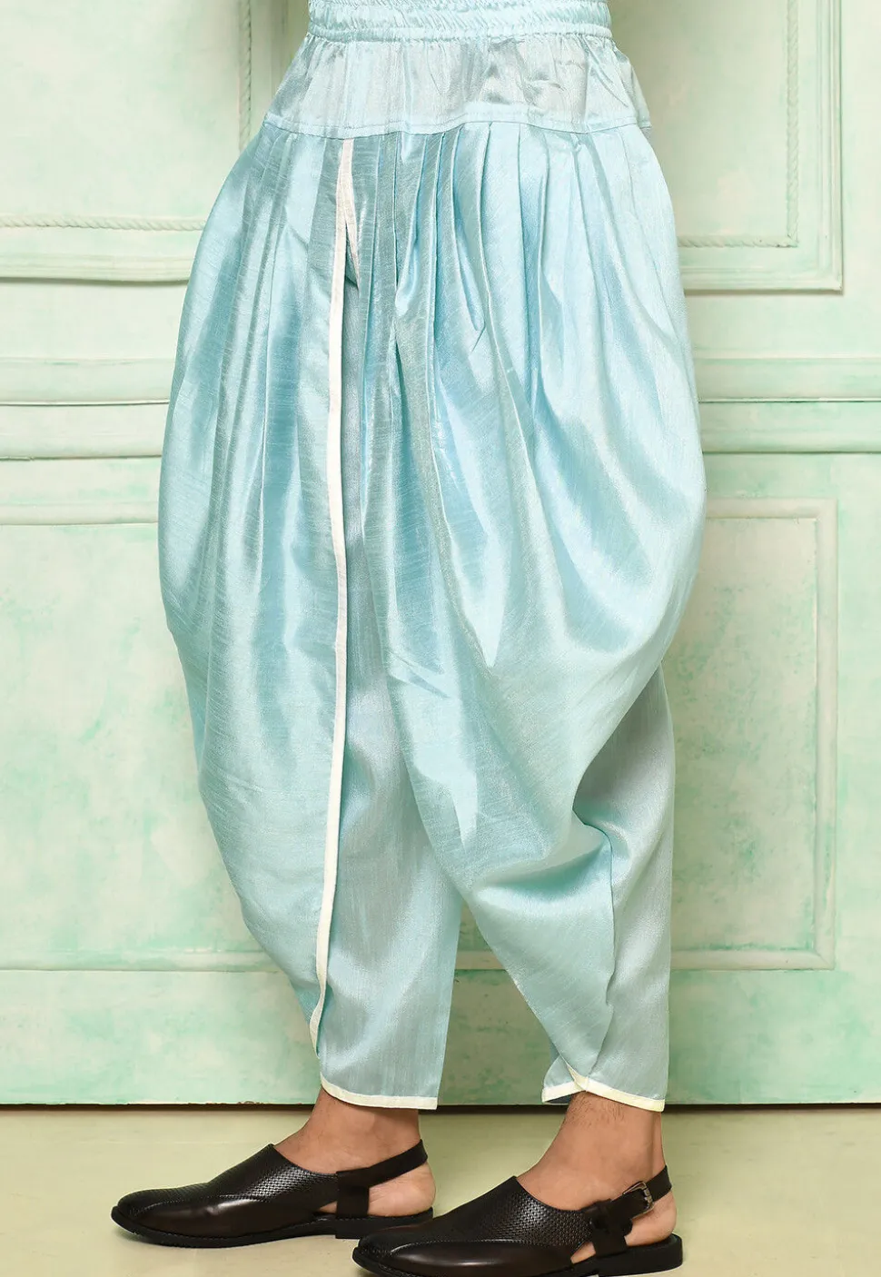 Contrast Border Dupion Silk Rajwara Dhoti Pant in Light Blue