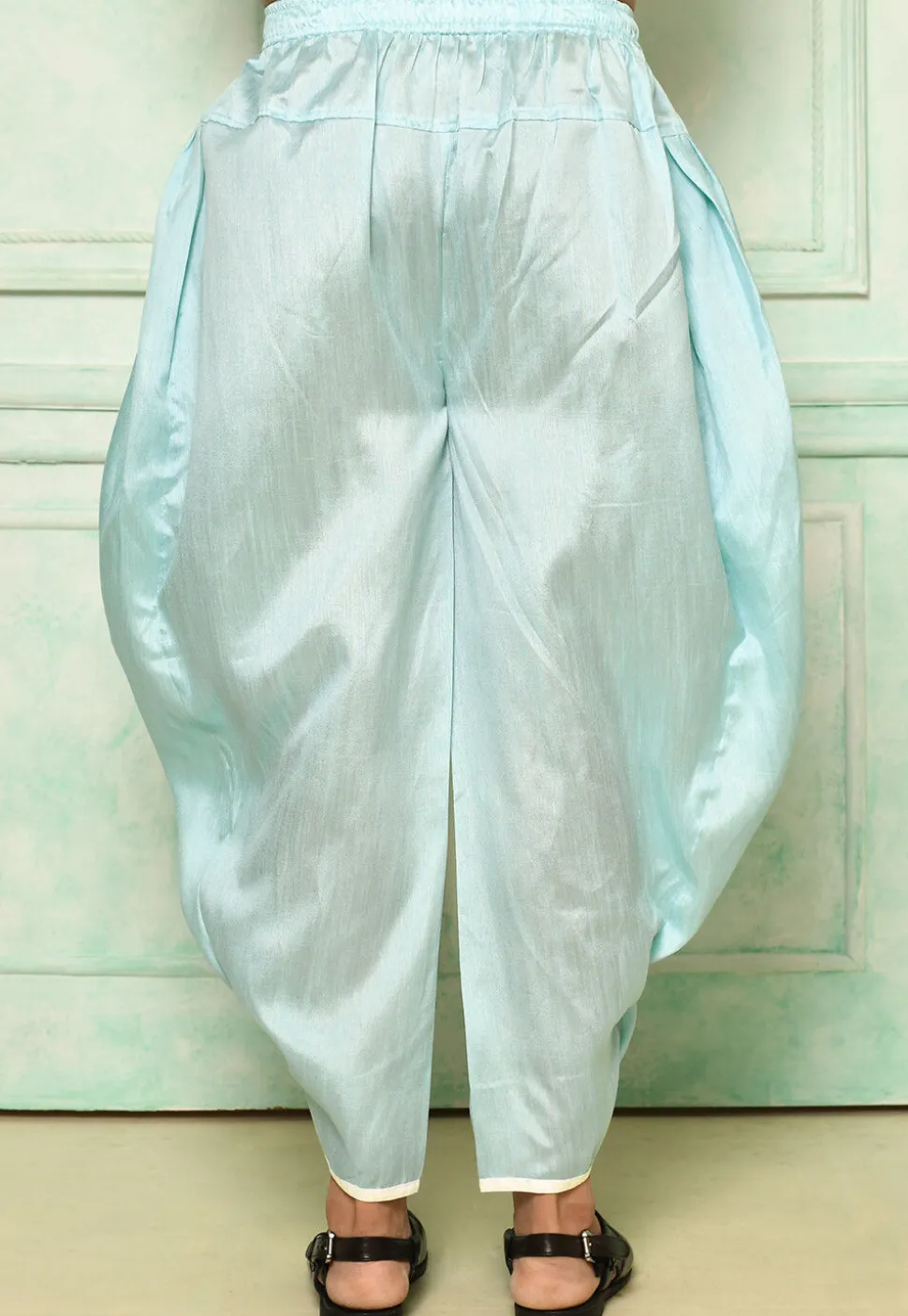 Contrast Border Dupion Silk Rajwara Dhoti Pant in Light Blue