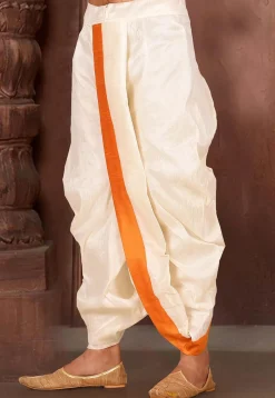 Contrast Border Dupion Silk Dhoti in Cream