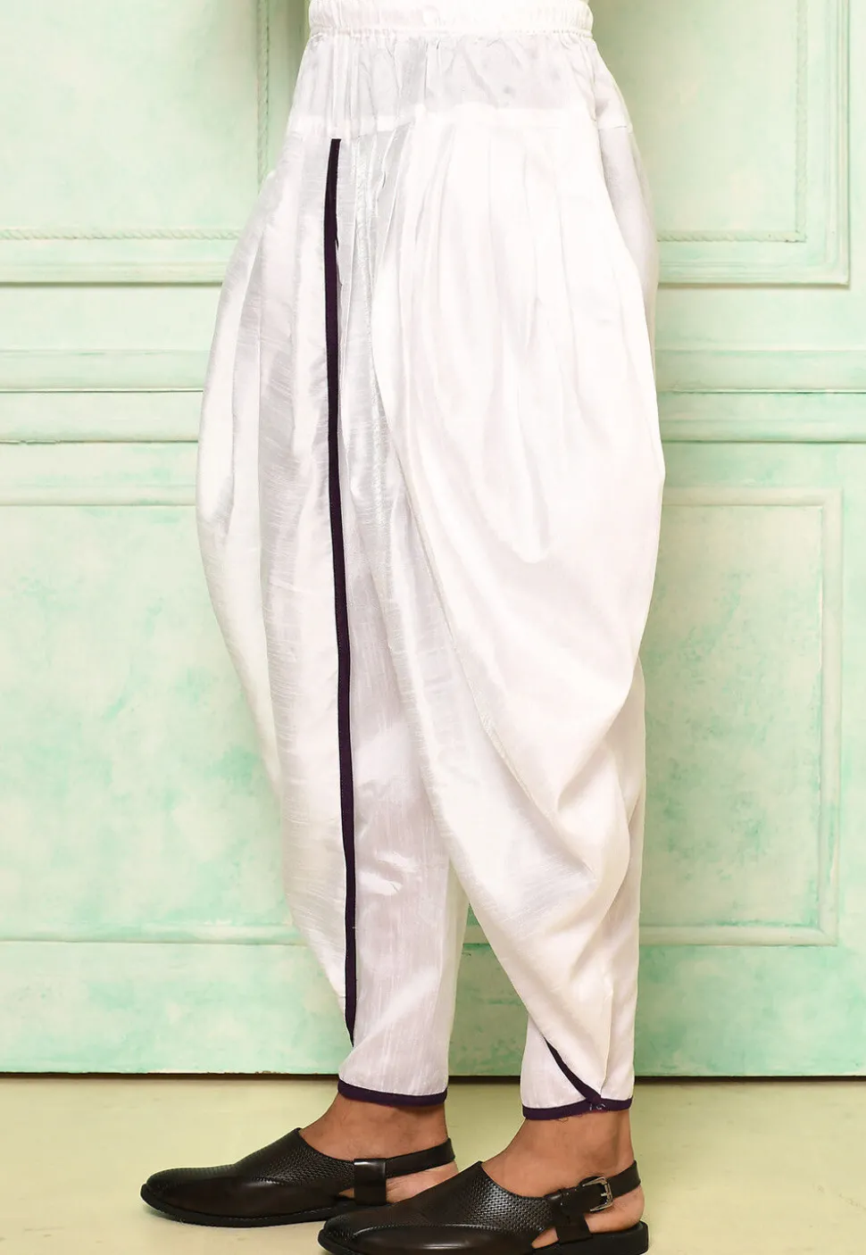 Contrast Border Dupion Silk Rajwara Dhoti Pant in White