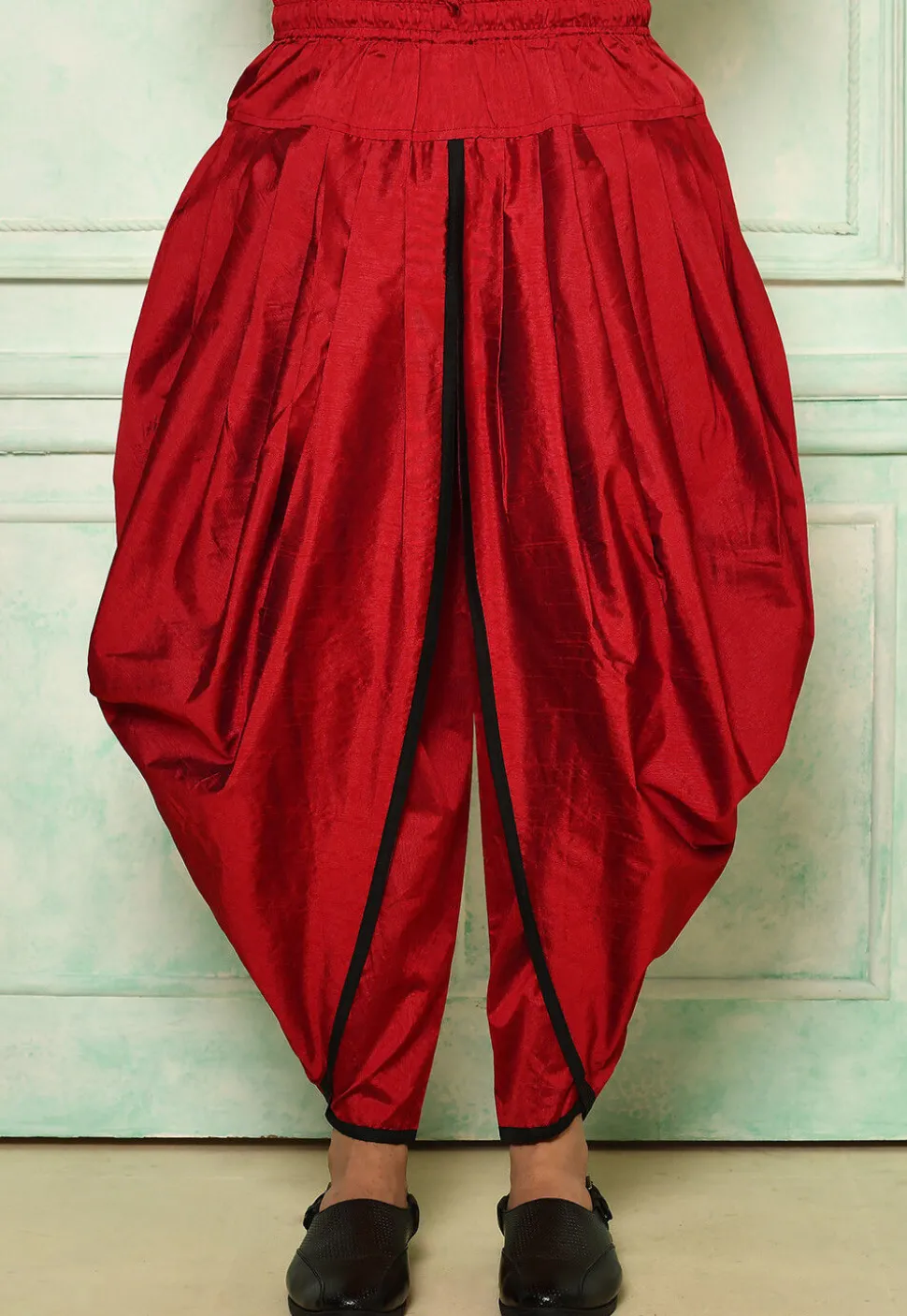 Contrast Border Dupion Silk Rajwara Dhoti Pant in Red
