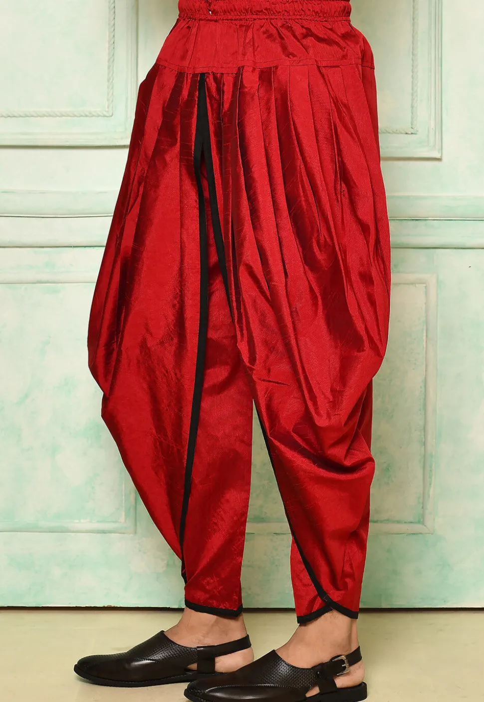 Contrast Border Dupion Silk Rajwara Dhoti Pant in Red