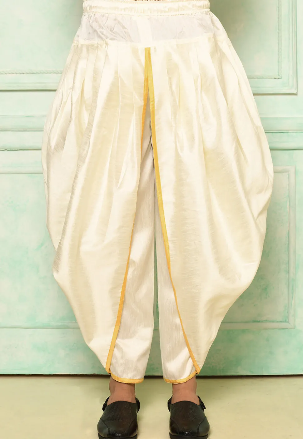 Contrast Border Dupion Silk Rajwara Dhoti Pant in Cream