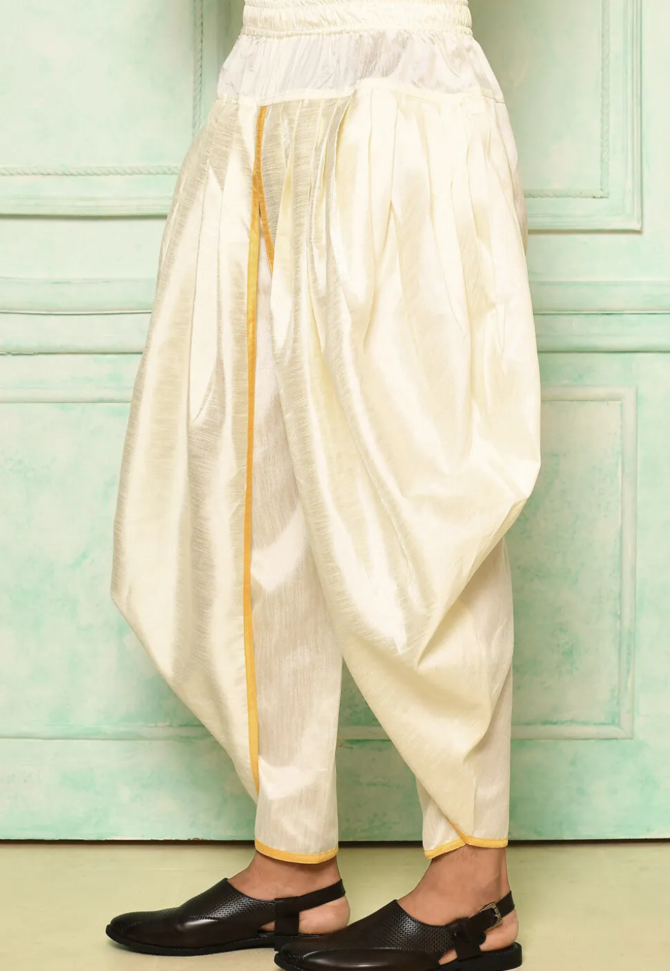 Contrast Border Dupion Silk Rajwara Dhoti Pant in Cream