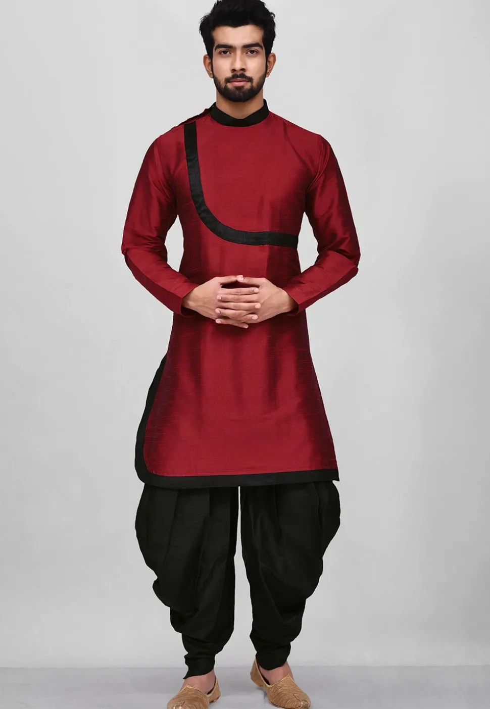 Contrast Border Dupion Silk Dhoti Kurta in Maroon