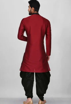 Contrast Border Dupion Silk Dhoti Kurta in Maroon
