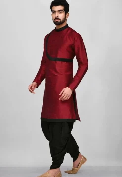 Contrast Border Dupion Silk Dhoti Kurta in Maroon