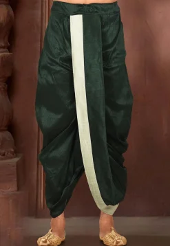 Contrast Border Dupion Silk Dhoti in Dark Green