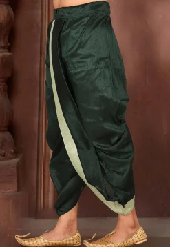 Contrast Border Dupion Silk Dhoti in Dark Green