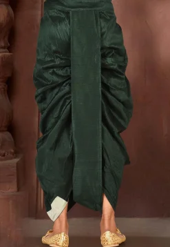 Contrast Border Dupion Silk Dhoti in Dark Green