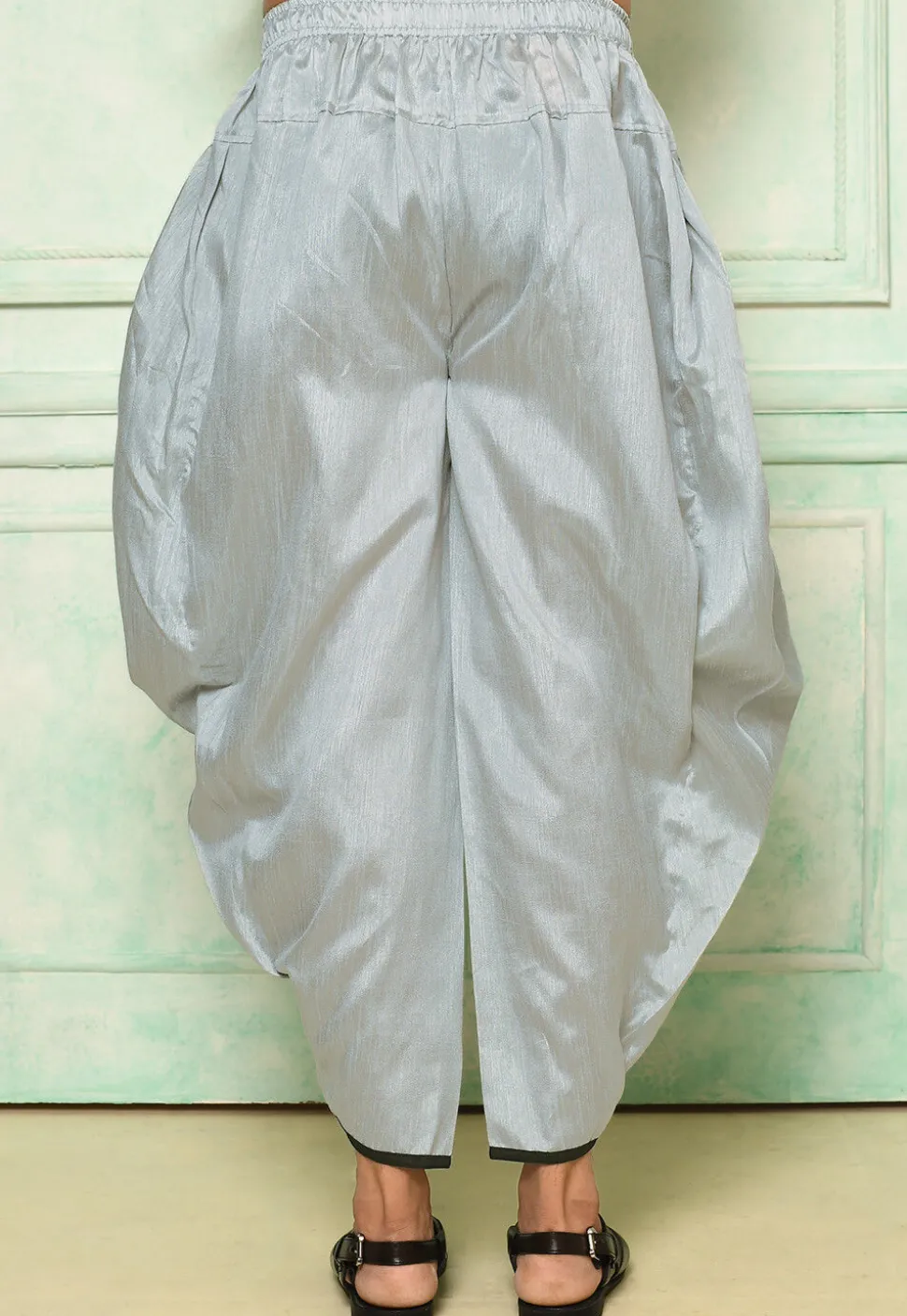 Contrast Border Dupion Silk Rajwara Dhoti Pant in Grey