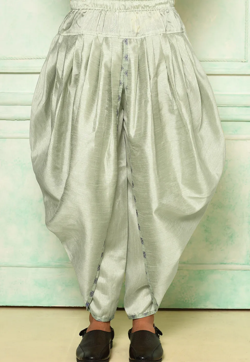 Contrast Border Dupion Silk Rajwara Dhoti Pant in Pastel Green