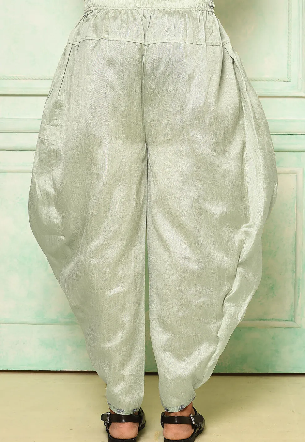 Contrast Border Dupion Silk Rajwara Dhoti Pant in Pastel Green