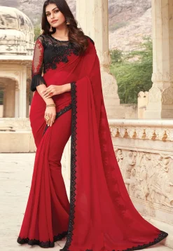 Contrast Border Georgette Saree in Red