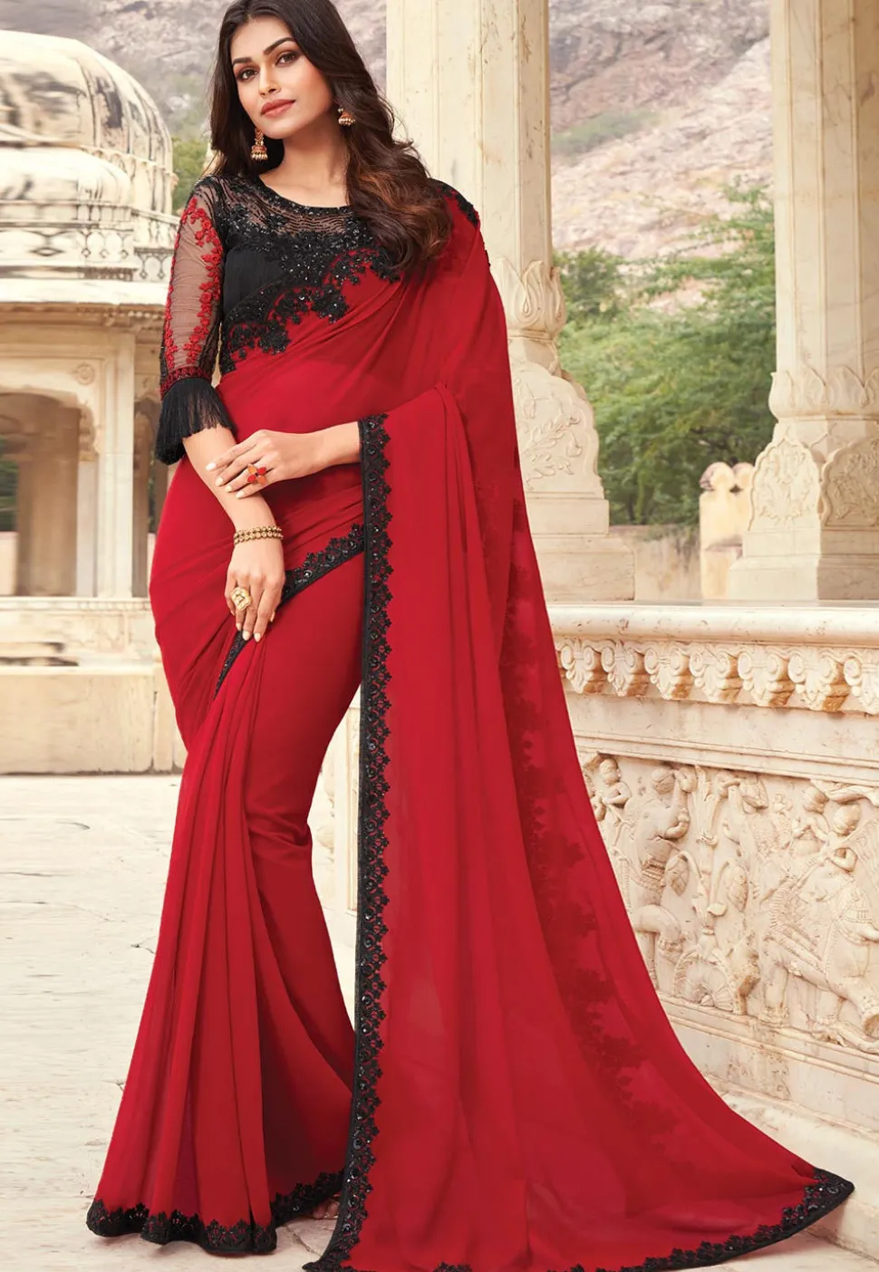 Contrast Border Georgette Saree in Red
