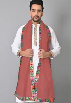 Contrast Border Pure Kota Tissue Men Dupatta in Peach