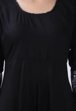 Contrast Border Rayon Flared Kurta in Black