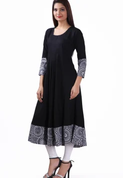 Contrast Border Rayon Flared Kurta in Black