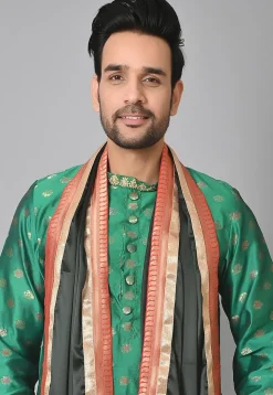 Contrast Border Satin Dupatta in Dark Green