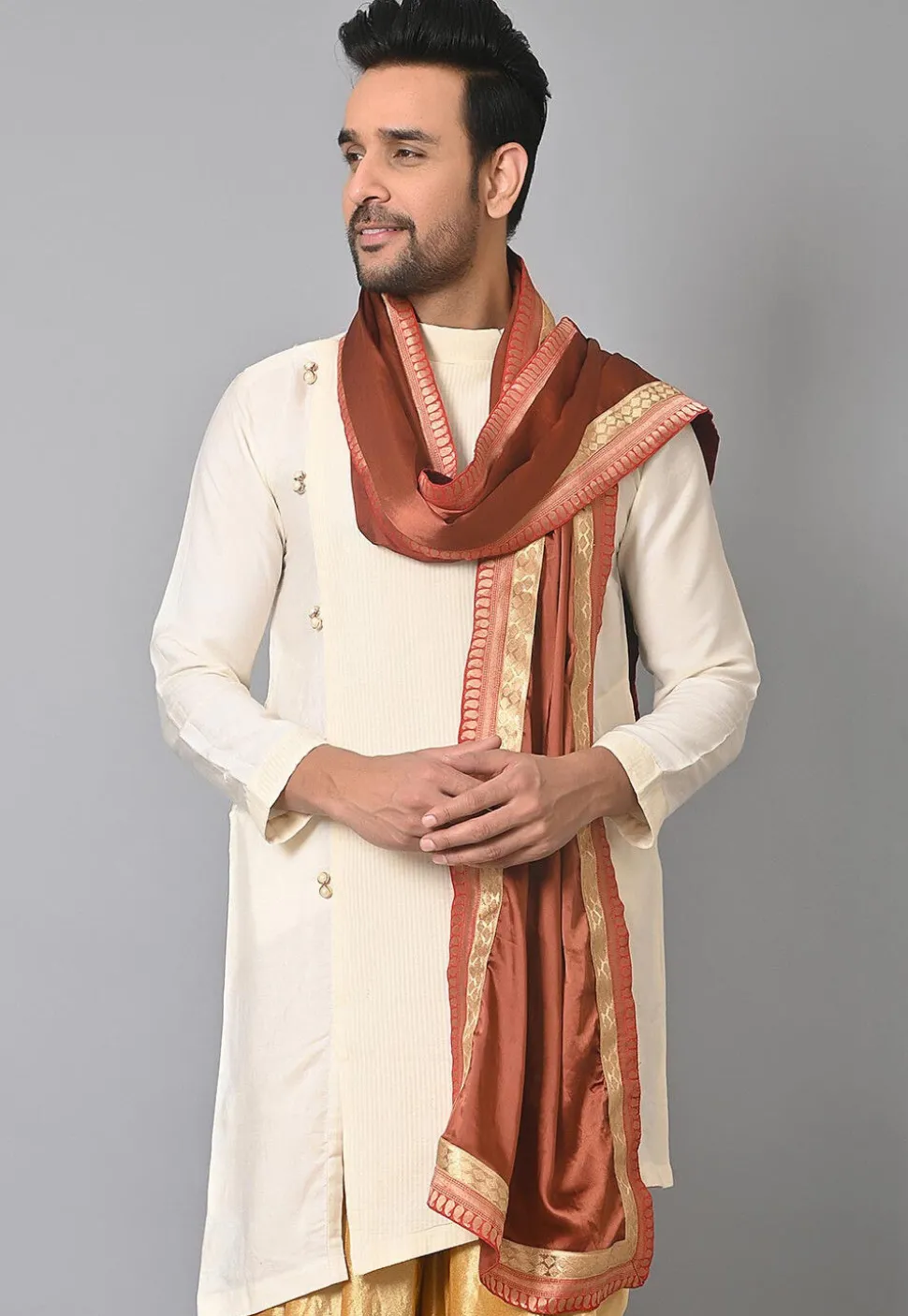Contrast Border Satin Dupatta in Rust