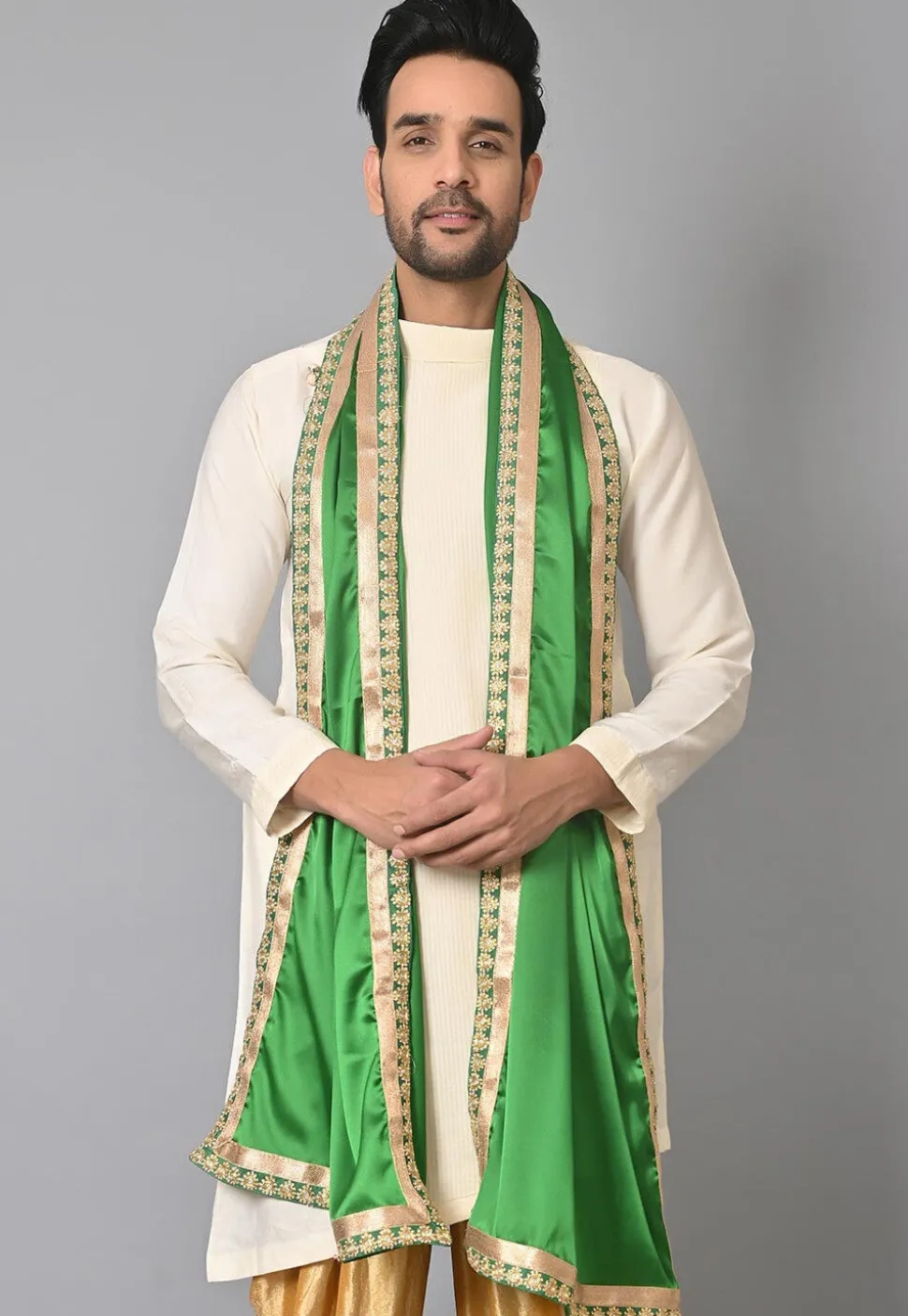Contrast Border Satin Dupatta in Green