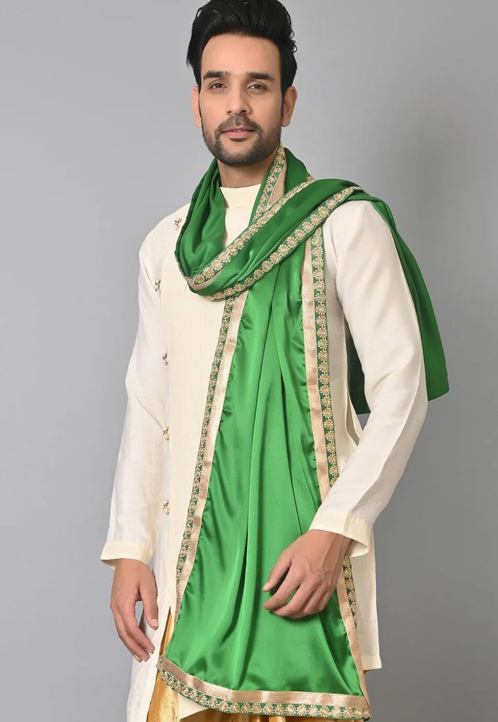 Contrast Border Satin Dupatta in Green