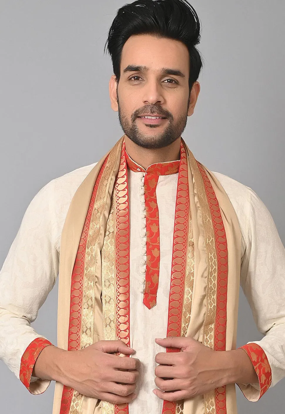 Contrast Border Satin Dupatta in Beige