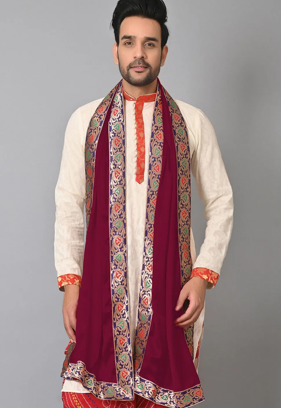 Contrast Border Satin Men Dupatta in Maroon