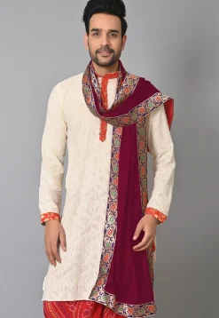 Contrast Border Satin Men Dupatta in Maroon
