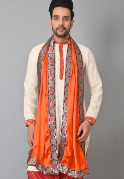 Contrast Border Satin Men Dupatta in Orange