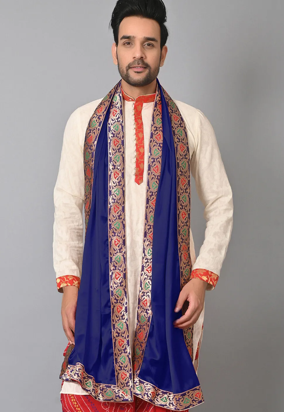 Contrast Border Satin Men Dupatta in Navy Blue