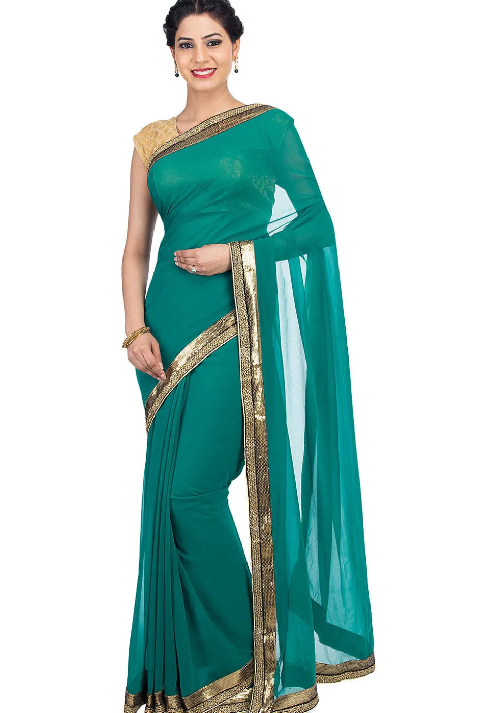 Contrast Border Viscose Georgette Saree in Teal Green