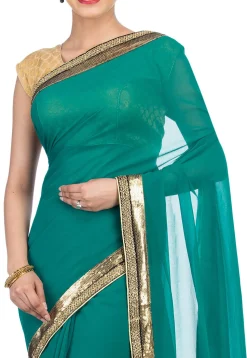 Contrast Border Viscose Georgette Saree in Teal Green