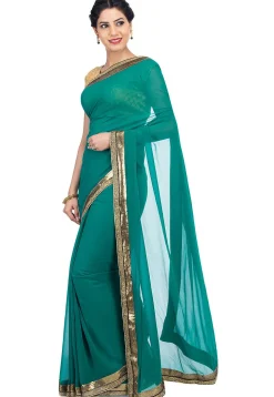 Contrast Border Viscose Georgette Saree in Teal Green