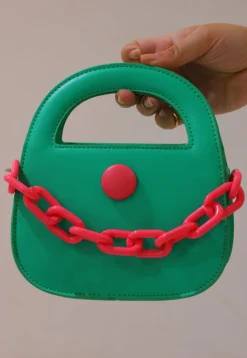 Contrast Button Leather Clutch Bag in Green
