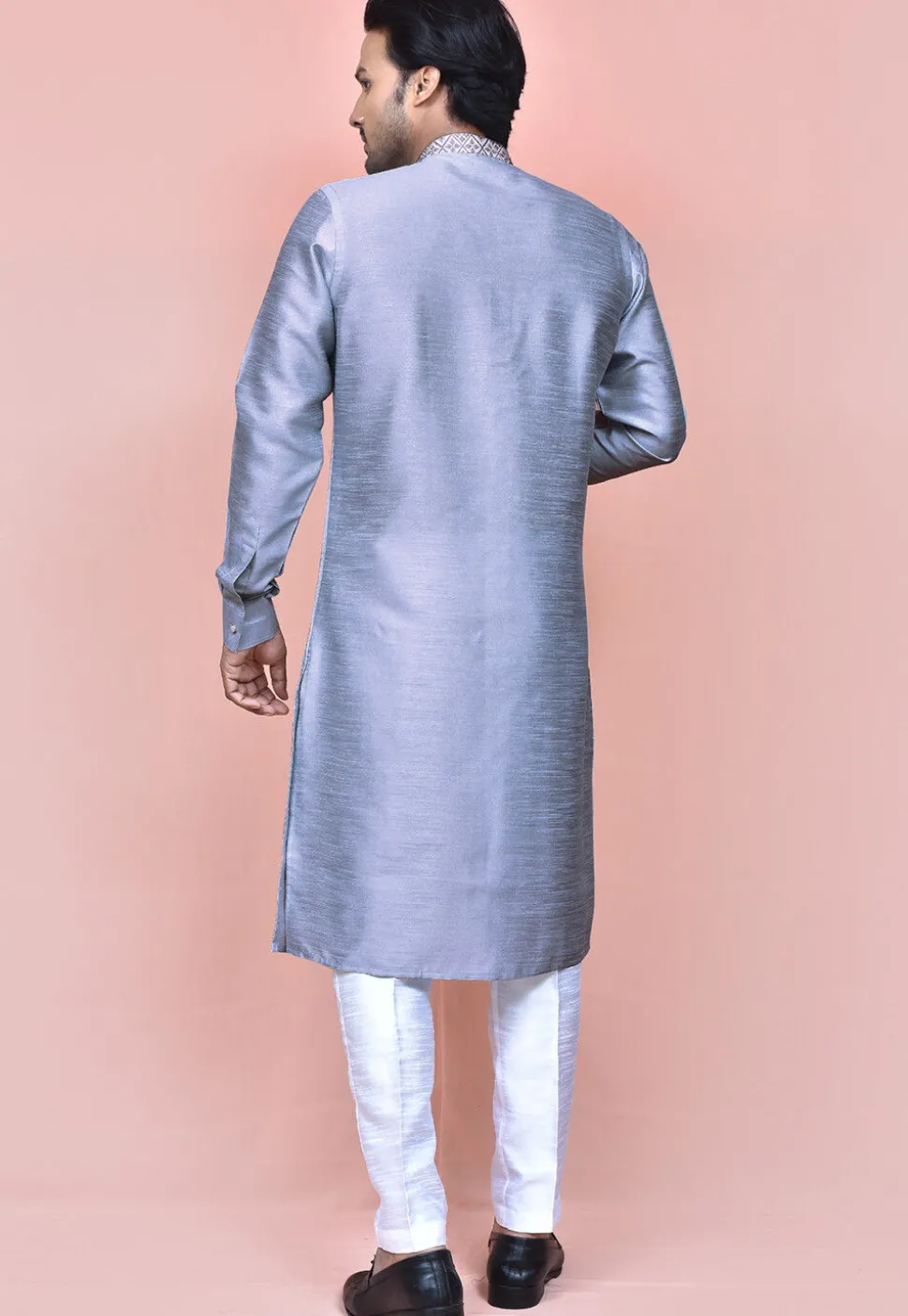 Contrast Collar Dupion Silk Sherwani in Pastel Blue