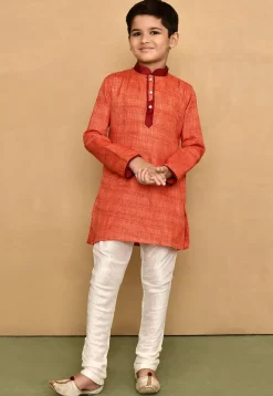Contrast Collar Jute Cotton Kurta Set in Orange