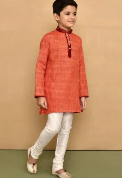 Contrast Collar Jute Cotton Kurta Set in Orange
