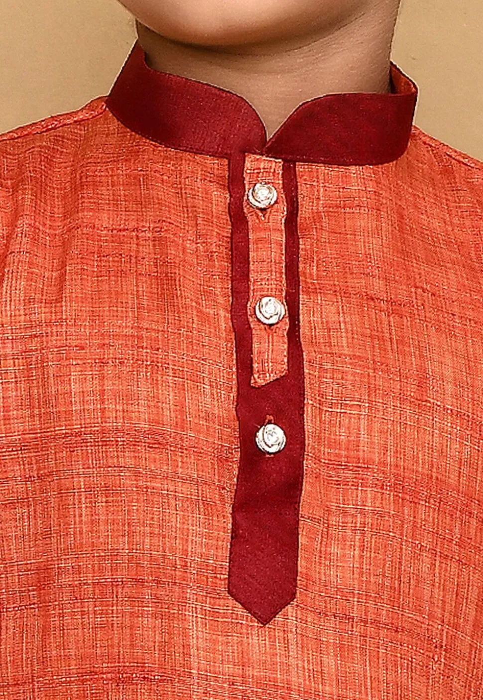 Contrast Collar Jute Cotton Kurta in Orange