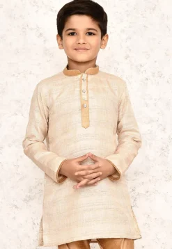 Contrast Collar Jute Cotton Kurta in Beige